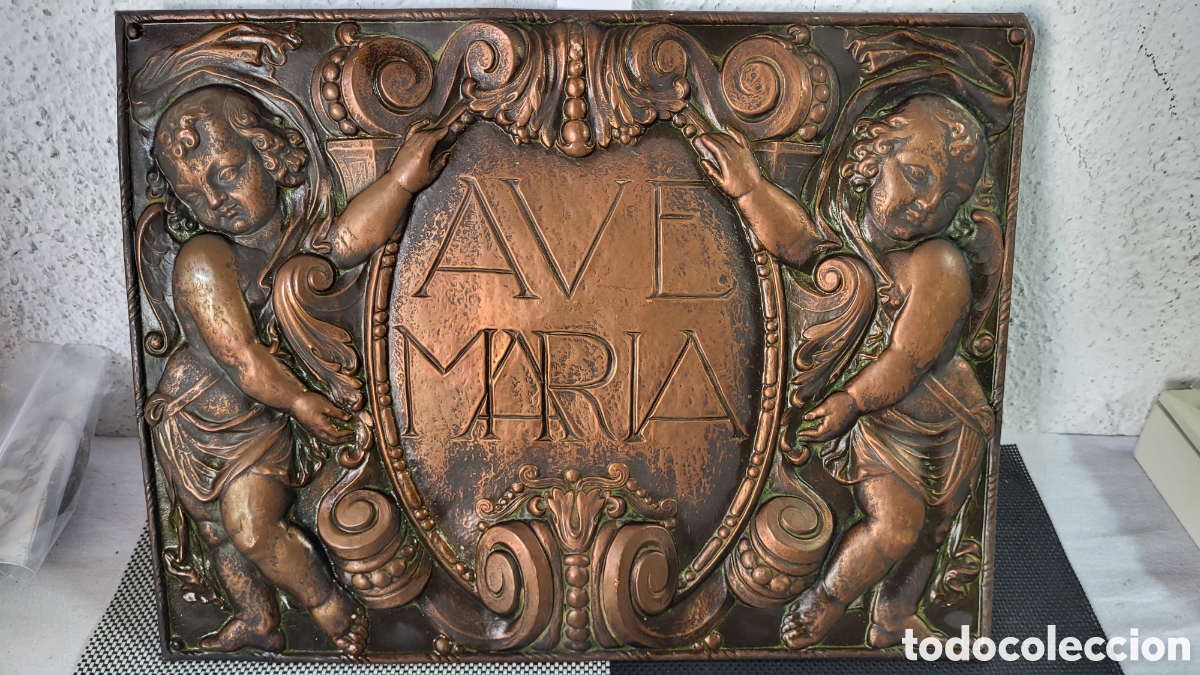 Antig&uuml;edades: Antigua placa Religiosa Ave Maria estilo Baroco en relieve finales siglo XIX cobre