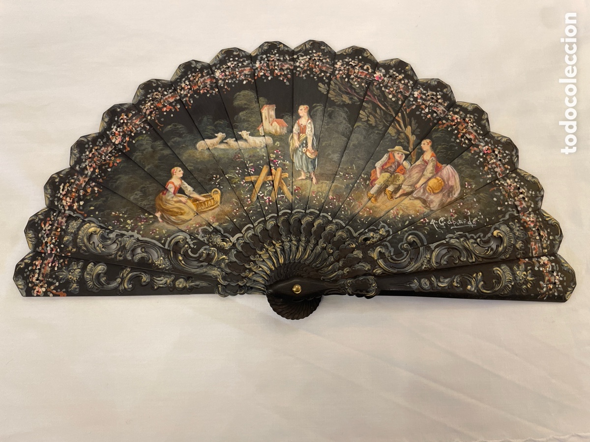Antig&uuml;edades: Abanico pintado a mano de hueso tallado siglo XX