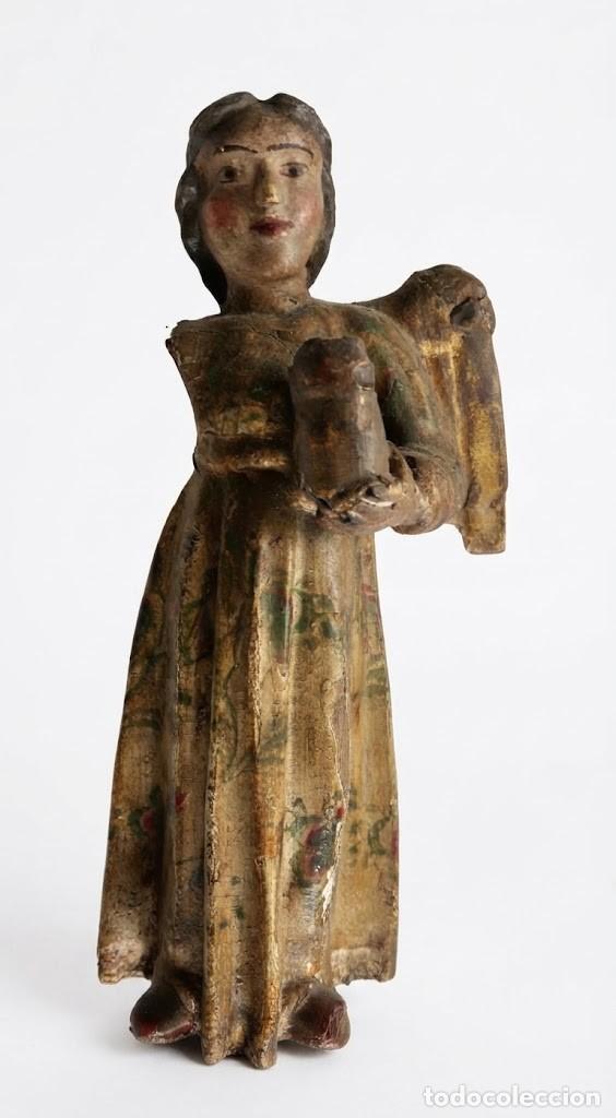 Antiguidades: &Aacute;NGEL TALLADO EN MADERA POLICROMADA Y DORADA &ndash; ESTOFADO &ndash; ARTE POPULAR &ndash; S. XVIII-XIX -18CM