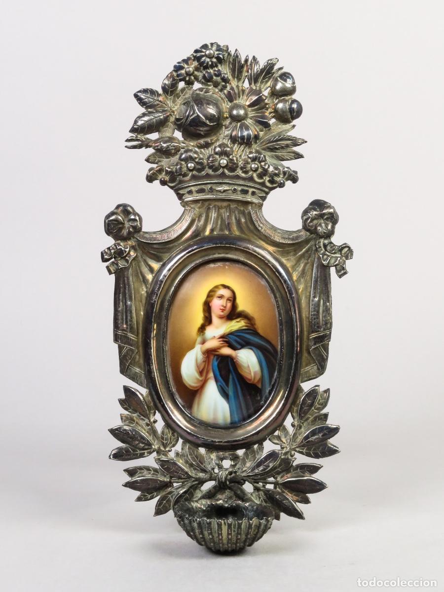 Antig&uuml;edades: Benditera devocional plata placa porcelana Inmaculada siglo XIX Francia