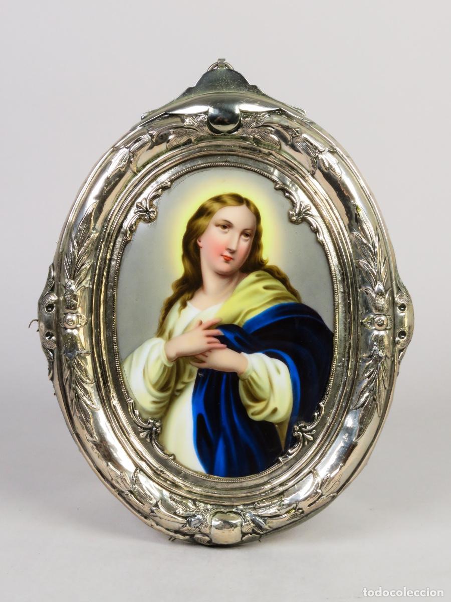 Antig&uuml;edades: Placa devocional porcelana Inmaculada marco de plata siglo XIX Francia