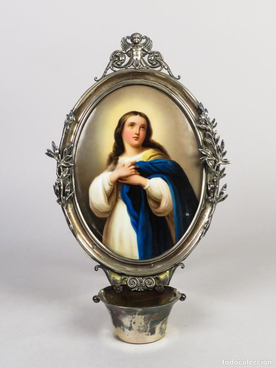 Antig&uuml;edades: Benditera devocional plata punz&oacute;n placa porcelana Inmaculada siglo XIX