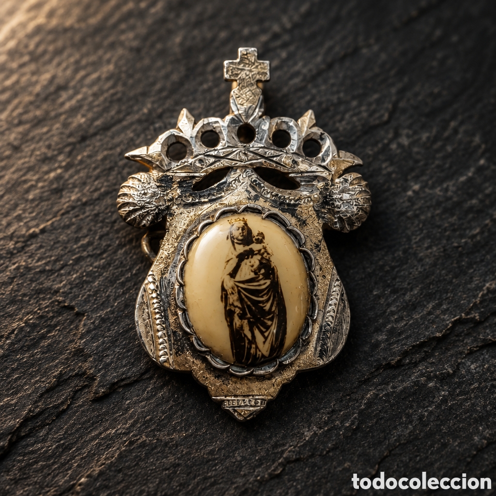 Antig&uuml;edades: ANTIGUO BROCHE, ALFILER VIRGEN CON NI&Ntilde;O JES&Uacute;S ELABORADA EN PLATA DORADA