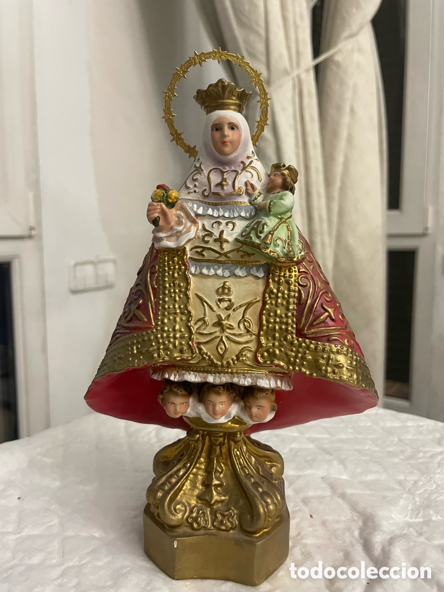 Antig&uuml;edades: Figura Virgen de los Desamparados - Pol&iacute;croma con Acuarela de Estrellas y Peana