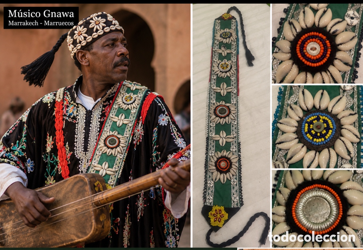 Antig&uuml;edades: Antiguo medall&oacute;n ceremonial Gnawa de Marruecos &ndash; Conchas caur&iacute; y abalorios