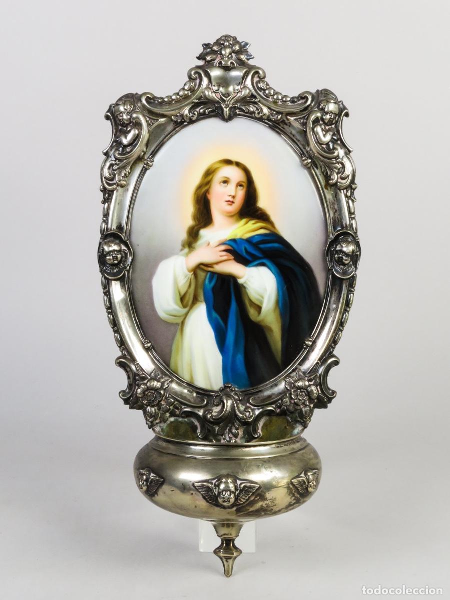 Antig&uuml;edades: Benditera devocional plata punz&oacute;n 800 placa porcelana Inmaculada siglo XIX
