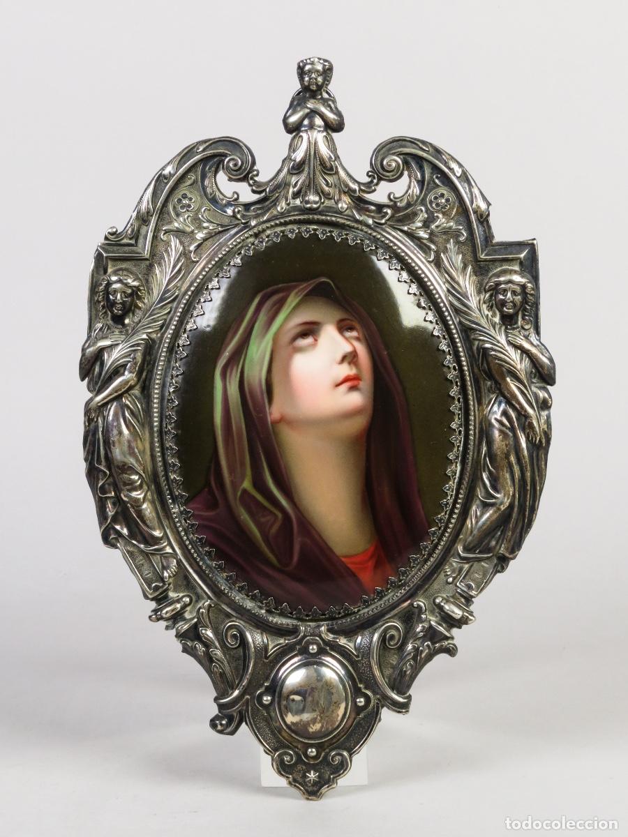 Antig&uuml;edades: Placa devocional porcelana Virgen Dolorosa Guido Reni marco metal siglo XIX Francia