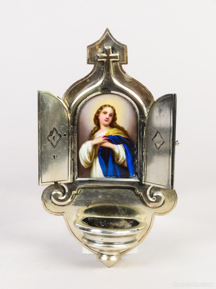 Antig&uuml;edades: Benditera devocional metal Inmaculada 1900 Francia