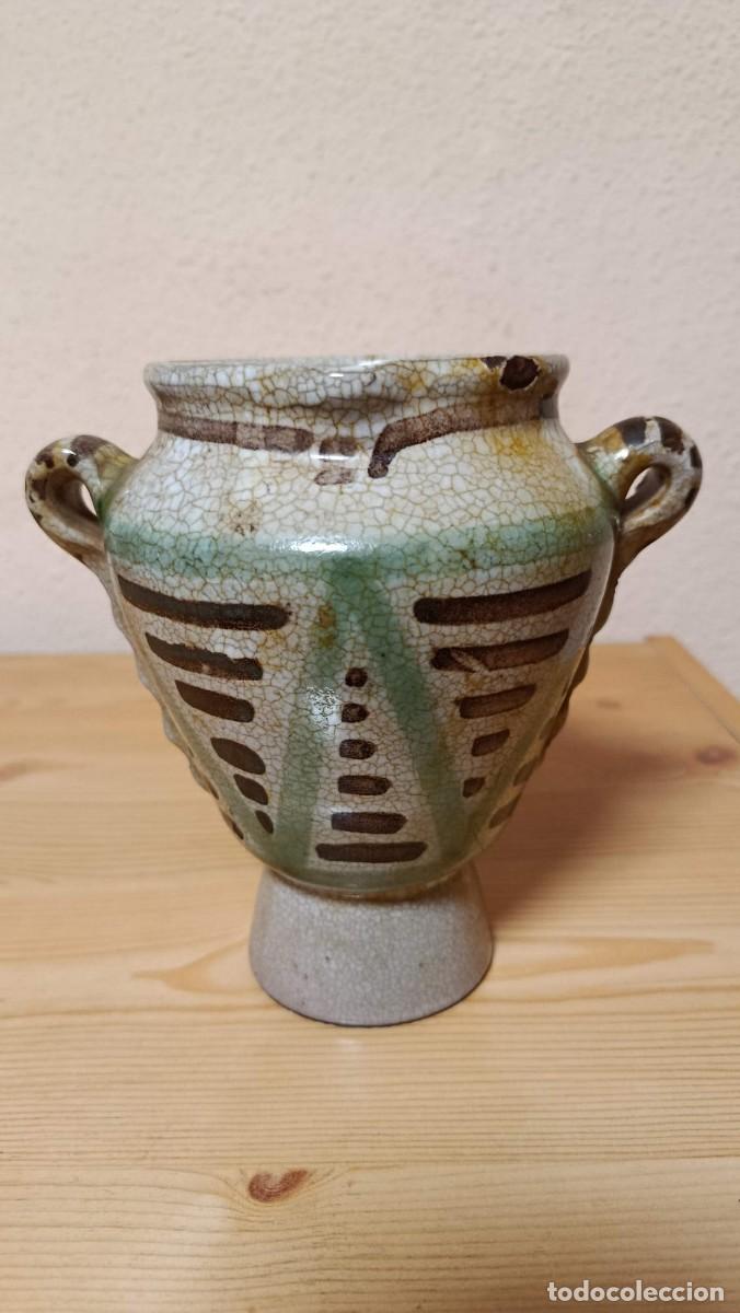 Antig&uuml;edades: Jarr&oacute;n dos asas cer&aacute;mica popular vidriado verde craquelado 16 cm