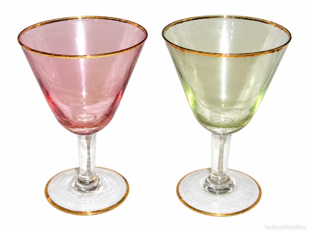 Antig&uuml;edades: Pareja de copas de cristal de color con filos dorados &middot; ca. 1950&ndash;1960