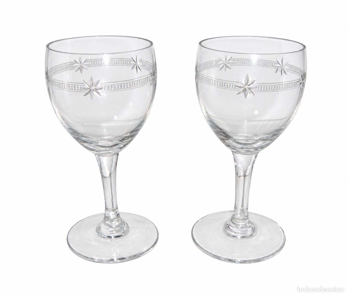 Antig&uuml;edades: Pareja de Copas Antiguas de Cristal Grabado &middot; Estrellas y Cenefas &middot; ca. 1900&ndash;1930