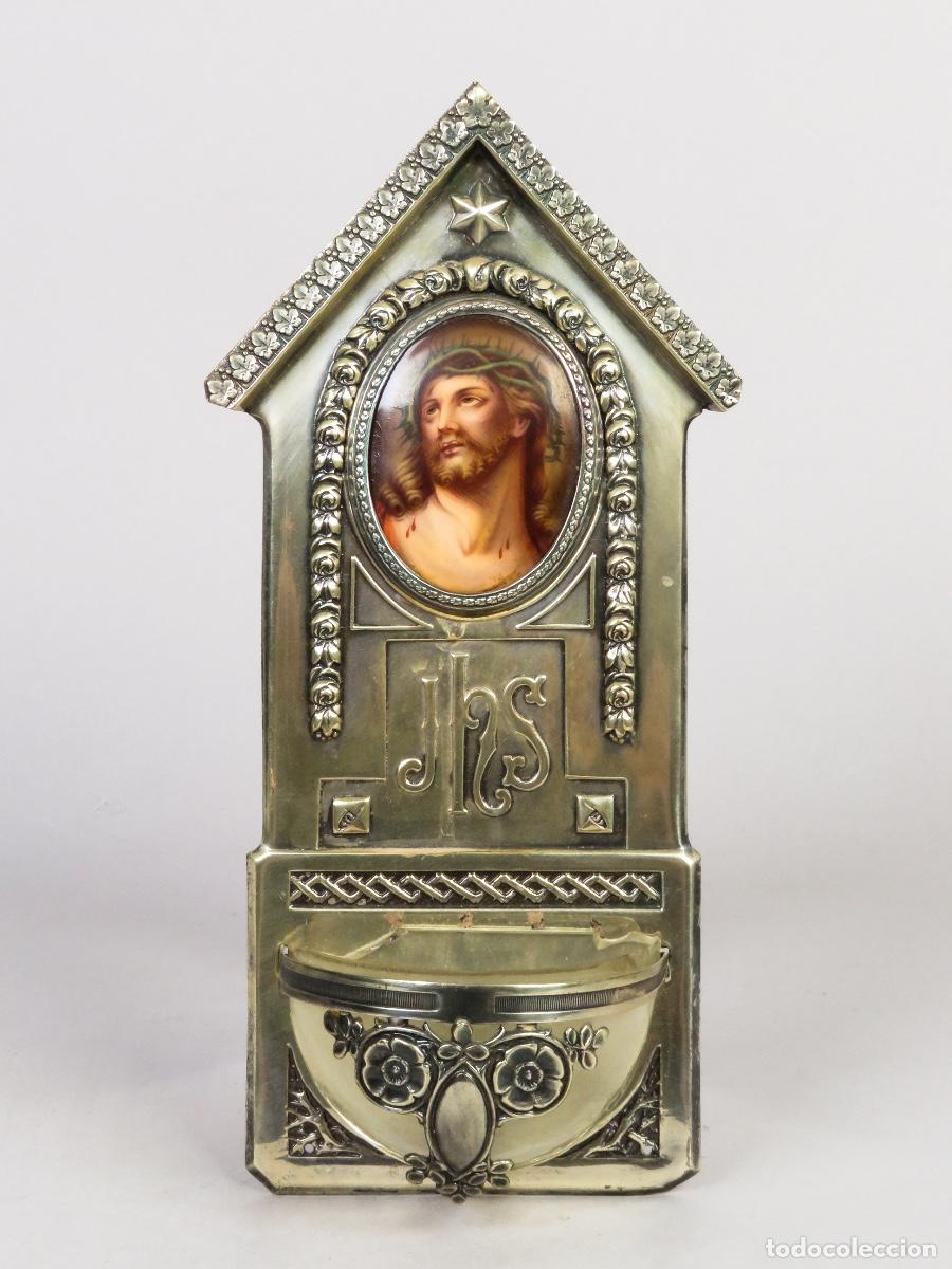 Antig&uuml;edades: Benditera devocional metal y vidrio Ecce Homo Guido Reni 1910 Francia