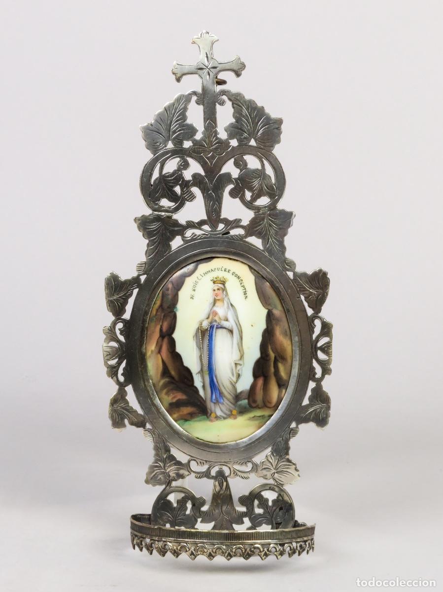 Antig&uuml;edades: Benditera devocional placa porcelana Inmaculada concepci&oacute;n siglo XIX Francia
