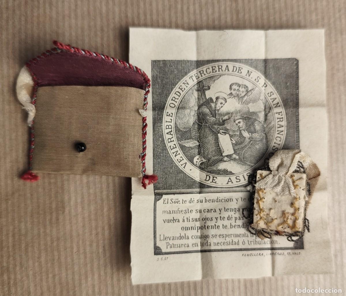 Antig&uuml;edades: Escapulario relicario textil con estampa religiosa franciscana antigua