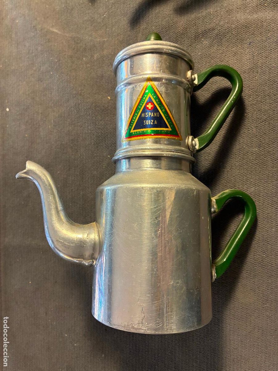 Antig&uuml;edades: Antigua cafetera de aluminio puro y metal Hispano Suiza como nueva mide 23 x 9 cm medio litro fotos