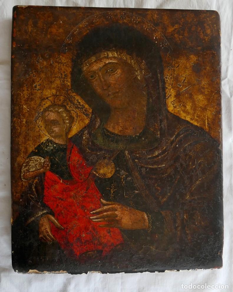 Antiguidades: Antiguo icono religioso virgen con el ni&ntilde;o siglo XVII escuela veneto cretense temple oro tabla 33x26