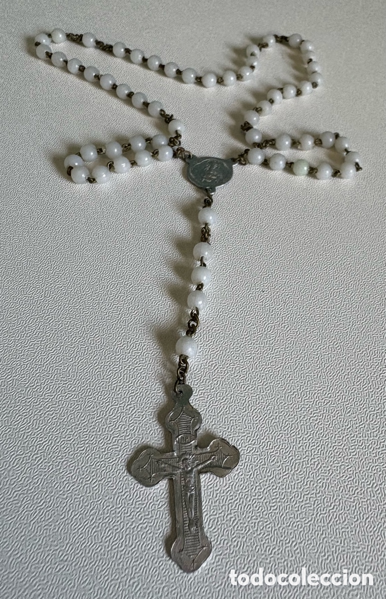 Antiques: Rs009-Rosario Vintage de F&aacute;tima &ndash; Cuentas de Vidrio Blanco y metal (29 cm)