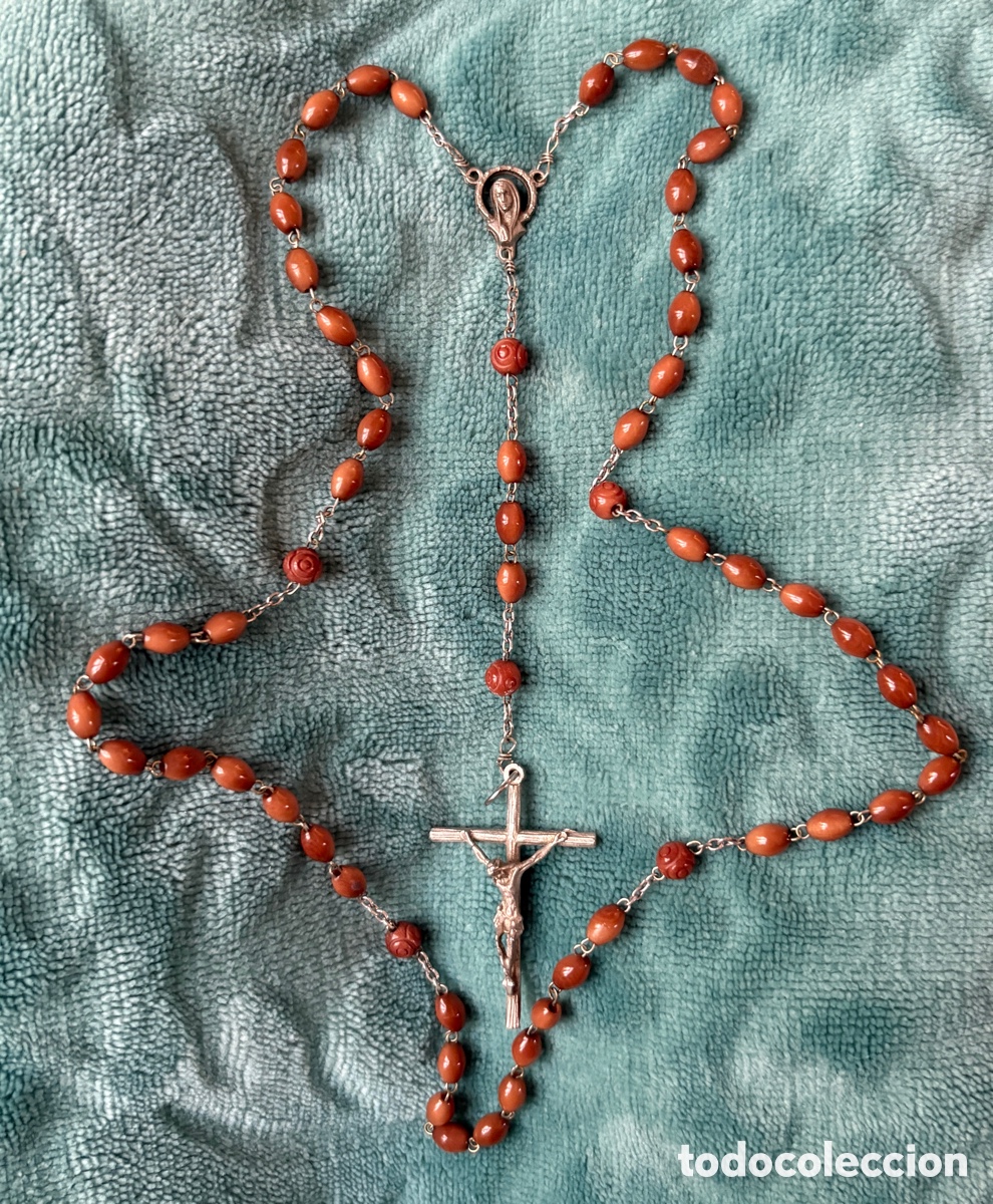 Antig&uuml;edades: Rs013-Delicado rosario vintage italiano de madera+cartera &rdquo;Bom Jesus Braga&rdquo;- 40cm