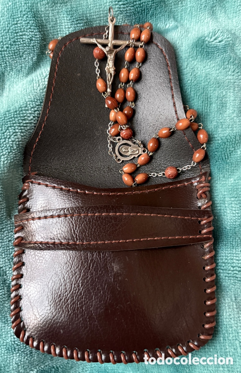 Antig&uuml;edades: Rs013-Delicado rosario vintage italiano de madera+cartera &rdquo;Bom Jesus Braga&rdquo;- 40cm