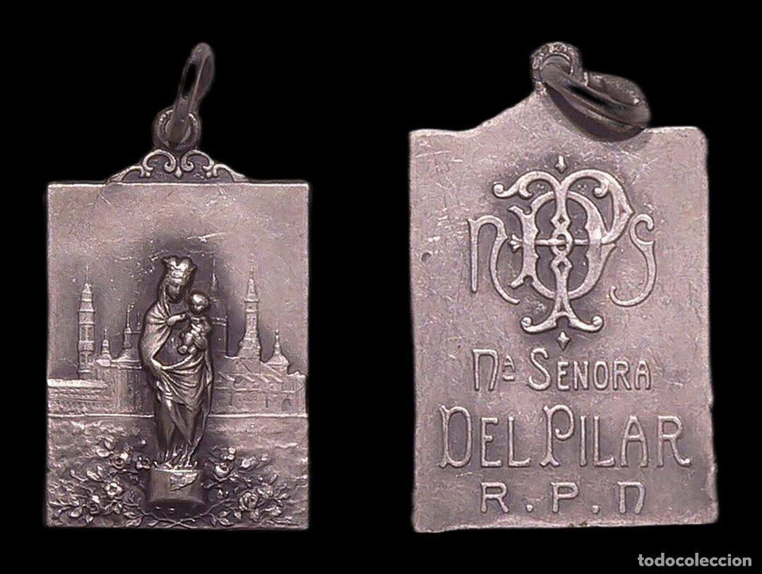 Antig&uuml;edades: MEDALLA RELIGIOSA ZARAGOZA VIRGEN DEL PILAR SOBRE SANTUARIO ANAGRAMA NSP PLATA