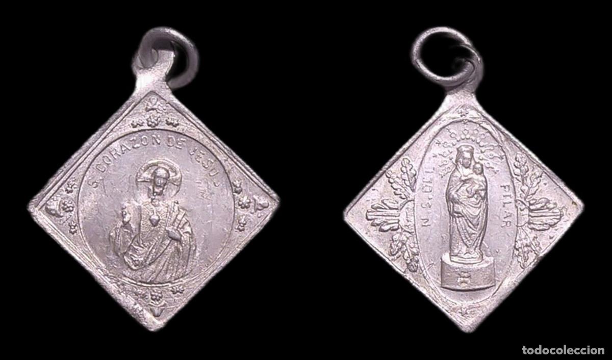 Antig&uuml;edades: MEDALLA RELIGIOSA ZARAGOZA VIRGEN DEL PILAR SAGRADO CORAZON DE JESUS ALUMINIO