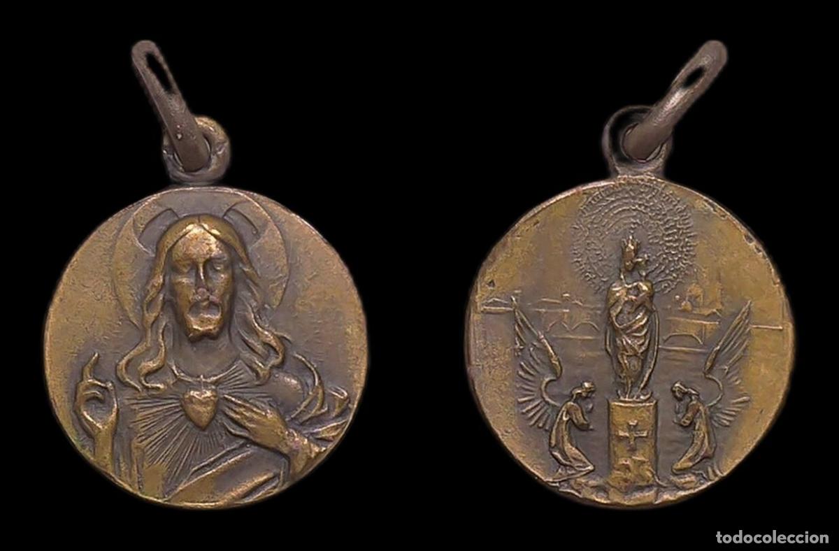 Antig&uuml;edades: MEDALLA RELIGIOSA ZARAGOZA VIRGEN DEL PILAR SAGRADO CORAZON BRONCE