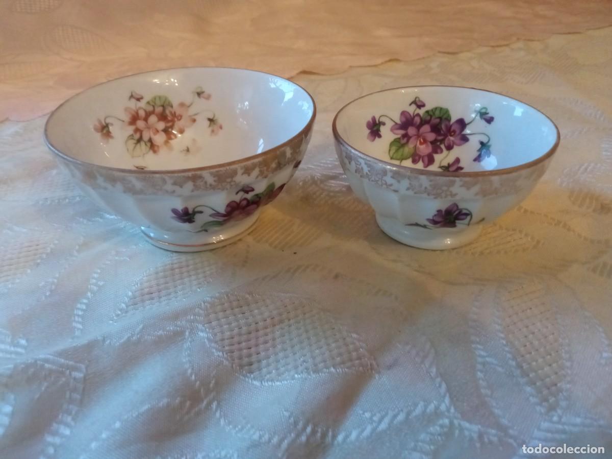Antig&uuml;edades: Lote de 2 hermosos boles de porcelana porcelaine Veritable . decorados con violetas.