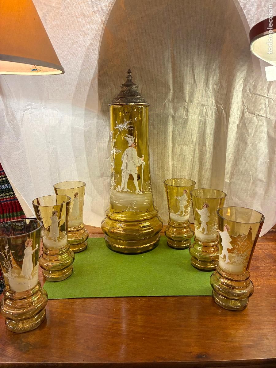 Antig&uuml;edades: Juego de jarra y seis vasos vidrio cristal estilo Mary Gregori siglo XIX jarra 42x15 cm vaso 16 x 7