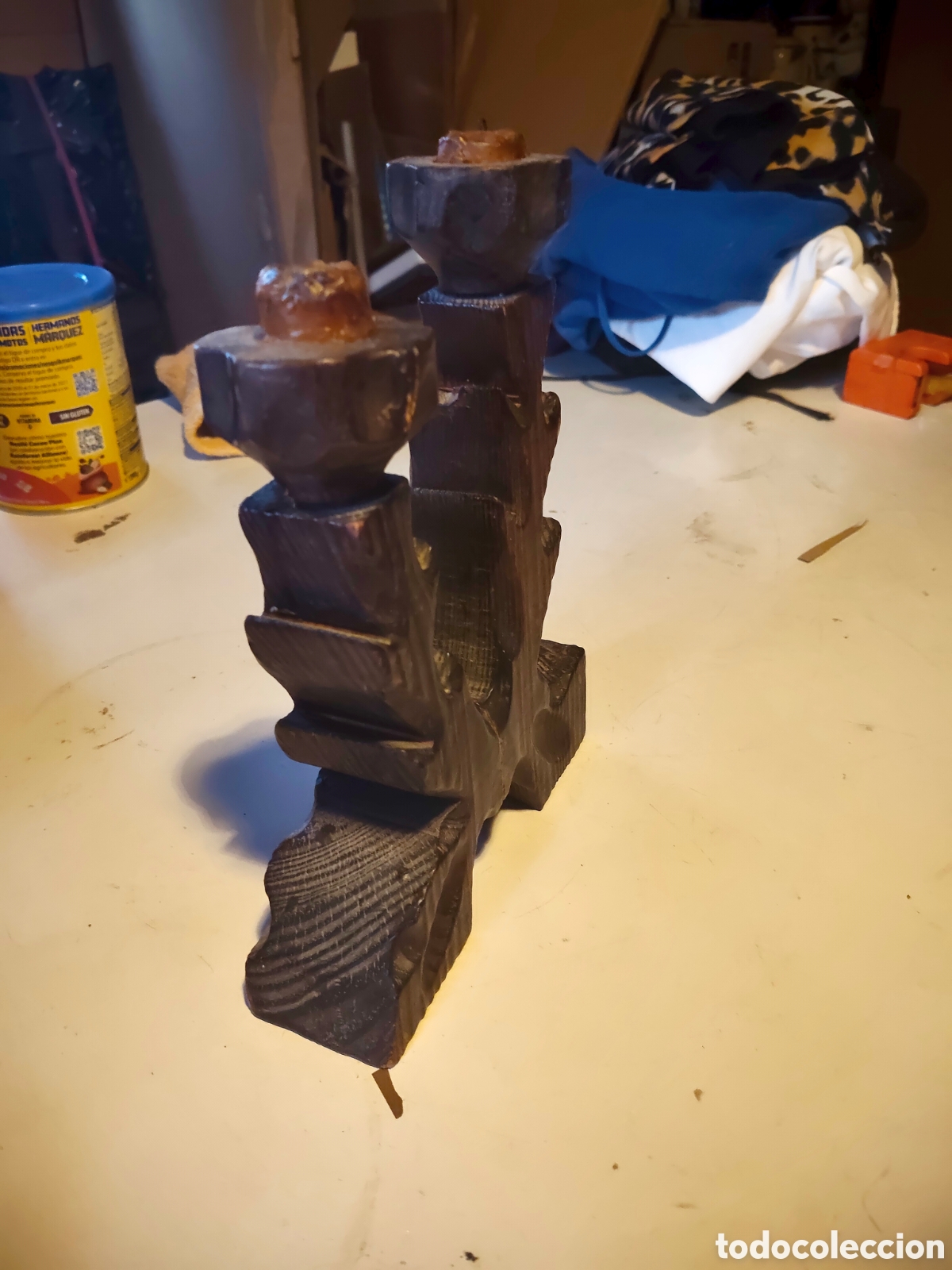 Antig&uuml;edades: Candelabro antiguo de madera - Foto 2