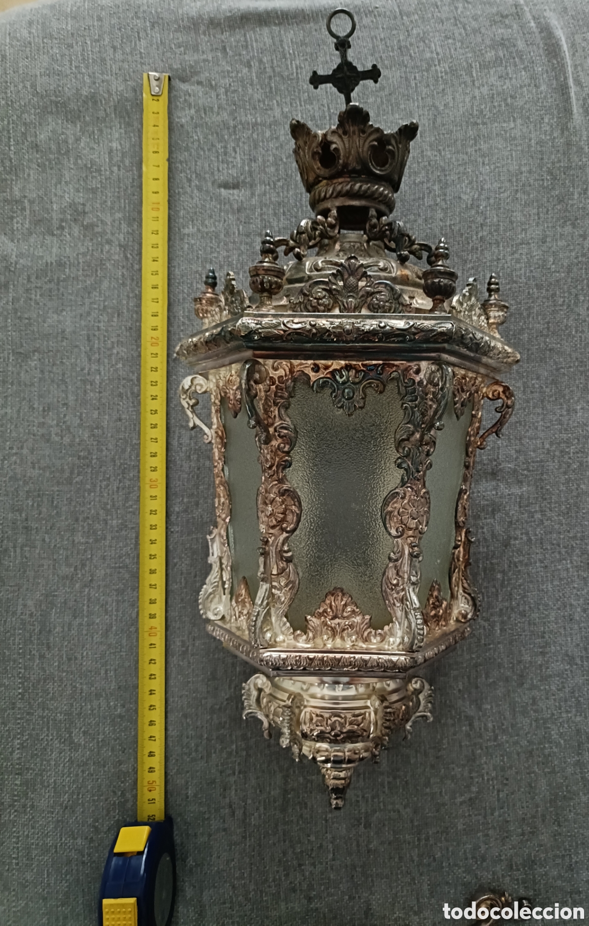 Antig&uuml;edades: Farol de Orfebrer&iacute;a de Pared Grande 52cm con Brazo - Corona con Cruz - Ba&ntilde;o Plata -