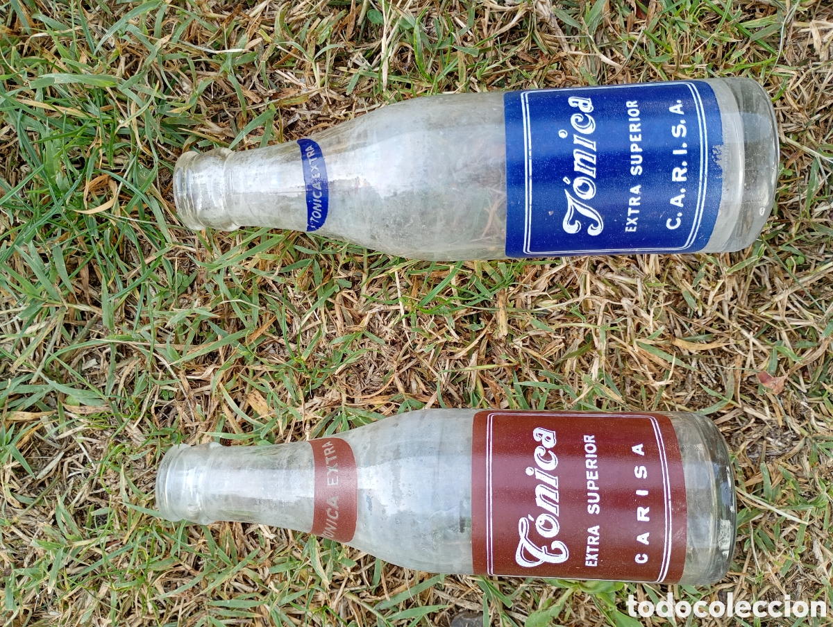 Antiques: Lote 2 botellines vac&iacute;os t&oacute;nica carisa c.a.r.i.s.a