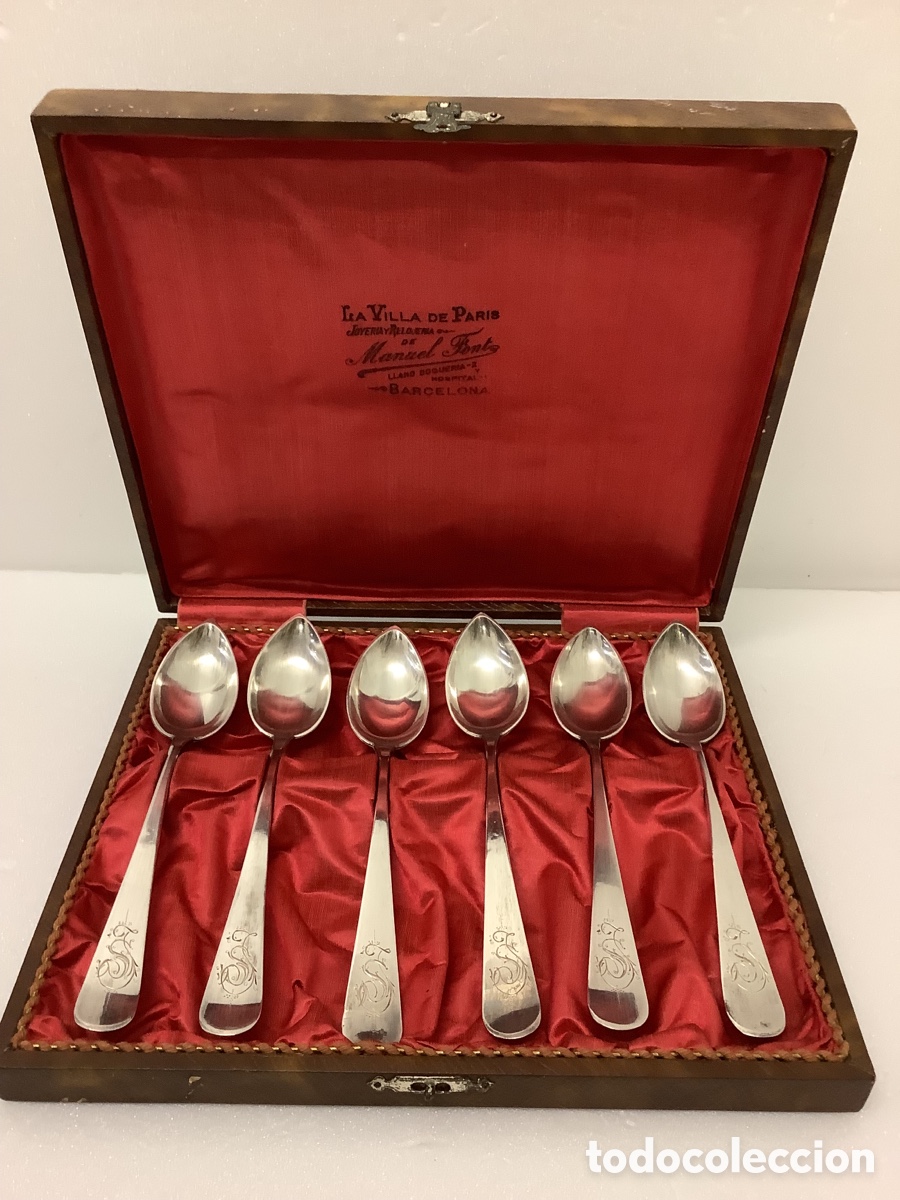 Antig&uuml;edades: JUEGO DE 6 CUCHARAS POSTRE PLATA LEY CON ESTUCHE