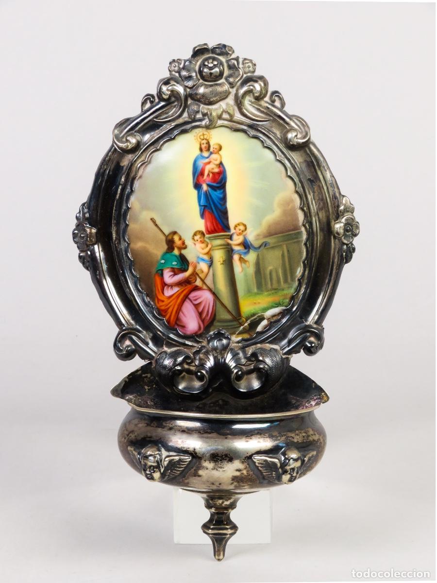 Antig&uuml;edades: Benditera devocional plata placa porcelana Virgen del Pilar siglo XIX