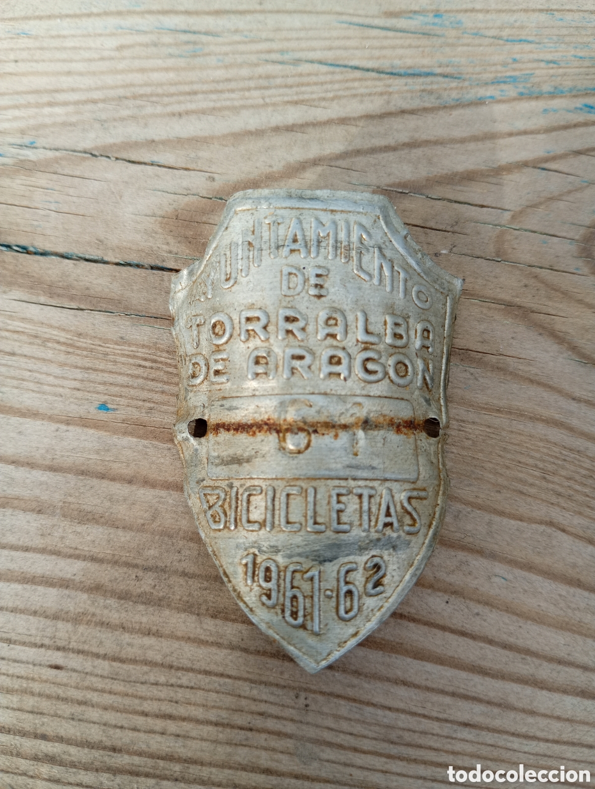 Antig&uuml;edades: Chapa placa matricula bicicletas ayuntamiento Torralba de Arag&oacute;n 1961 1962