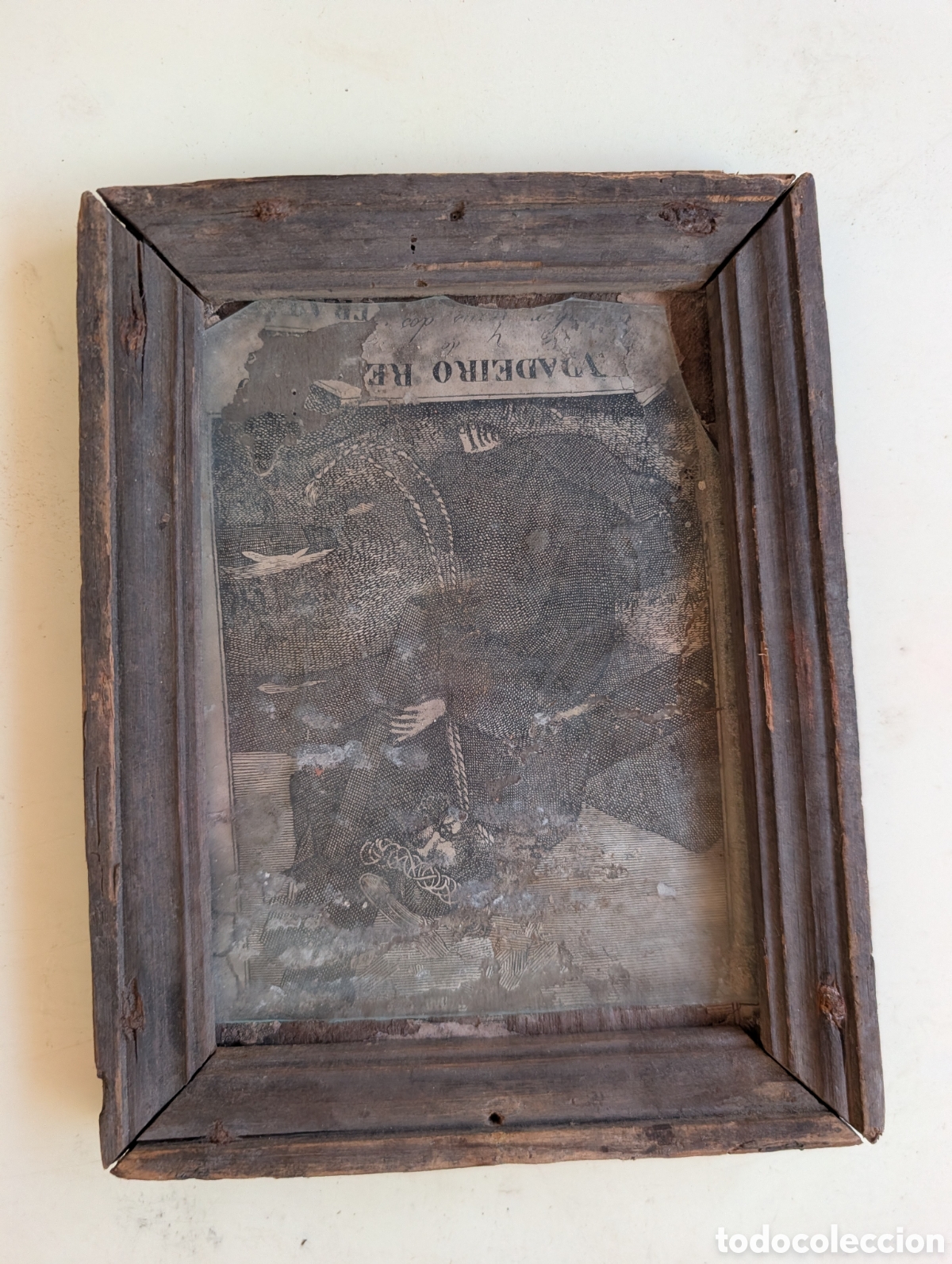 Antig&uuml;edades: Antiguo grabado religioso devocional s. XIX - Marco de madera r&uacute;stico &eacute;poca - Retrato Santo