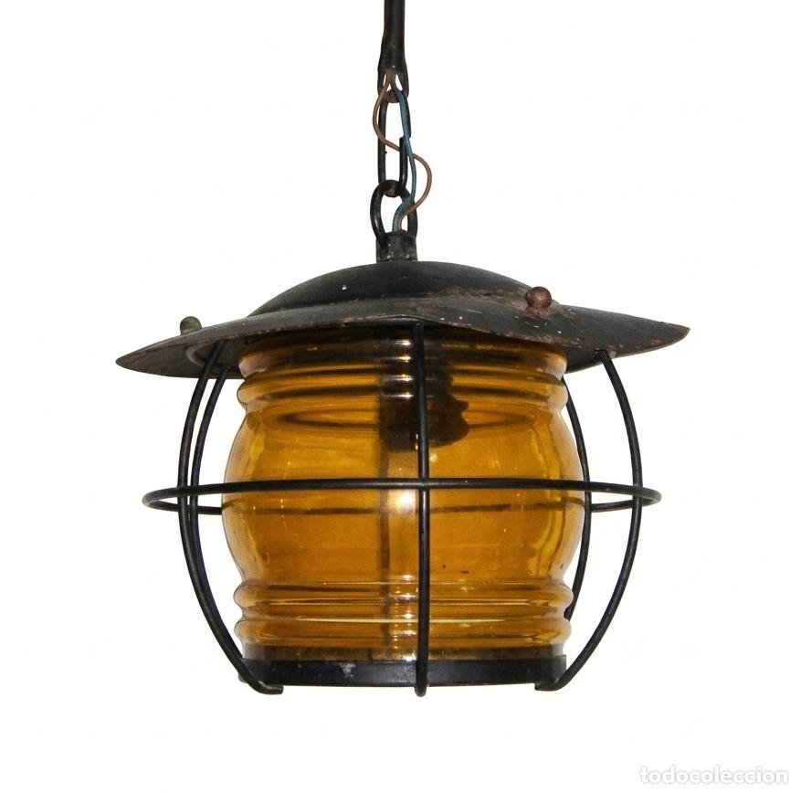 Antig&uuml;edades: Farol Antiguo de Suspensi&oacute;n &middot; Hierro y Cristal &Aacute;mbar &middot; Estilo Industrial &middot; ca. 1940&ndash;1960