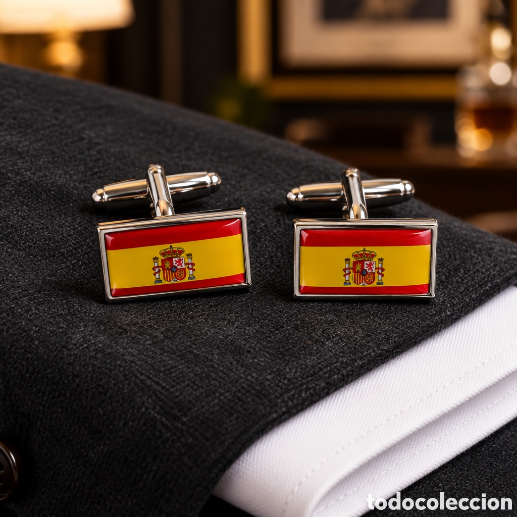 Antig&uuml;edades: Elegantes gemelos para camisa con la bandera de Espa&ntilde;a y el escudo nacional...