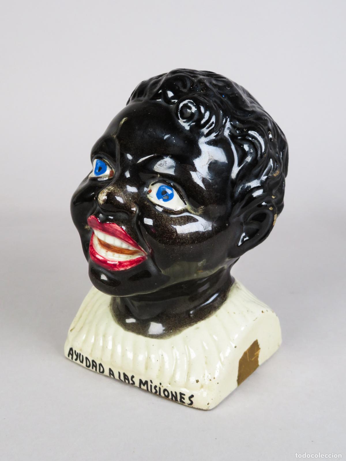 Antig&uuml;edades: Hucha Domund Ayudad a las Misiones Ni&ntilde;o africano Africa ojos azules cer&aacute;mica pintada a&ntilde;os 50