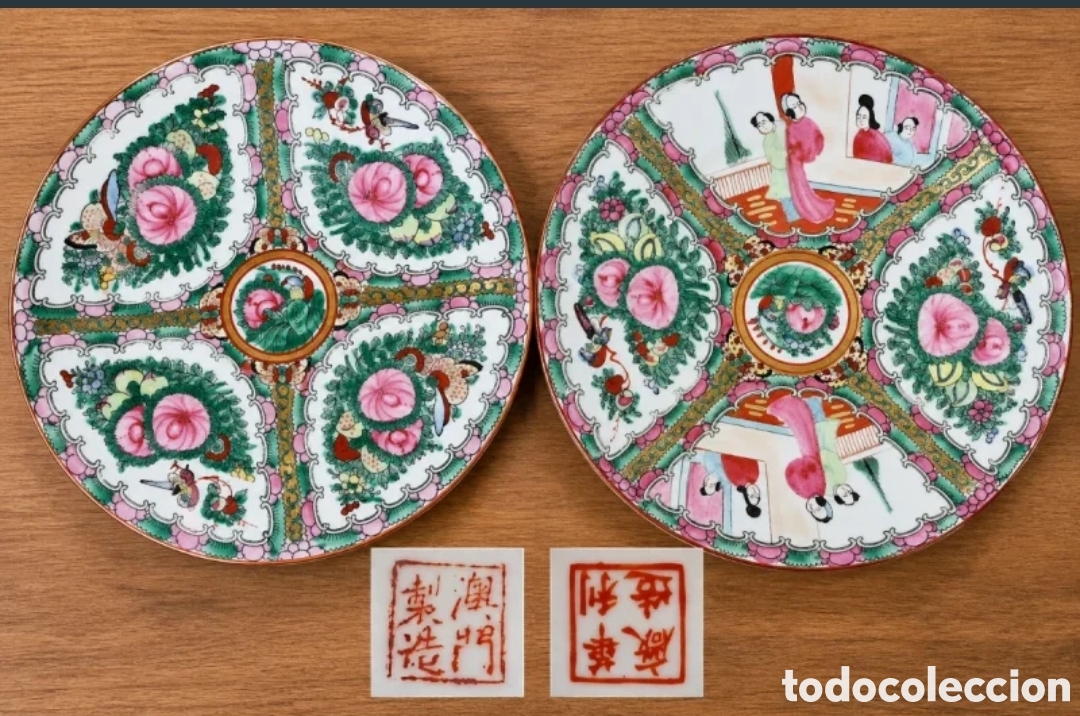 Antig&uuml;edades: Pareja de platos porcelana Rosa Canton