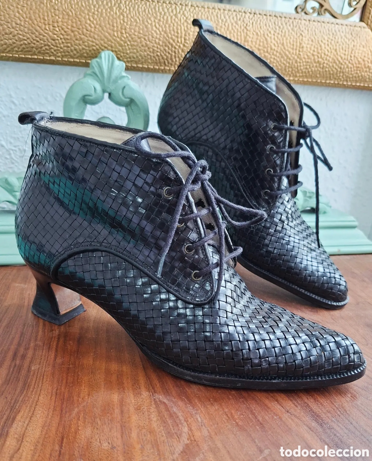 Antig&uuml;edades: Zapatos Antiguos Cuero Trenzado Talla 35,5