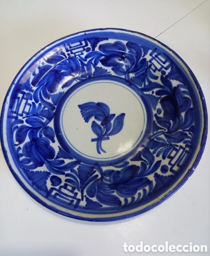 Antig&uuml;edades: Gran Plato / Fuente Antigua de Cer&aacute;mica Popular Estilo Fajalauza - Azul Cobalto - Restauraci&oacute;n Hist&oacute;