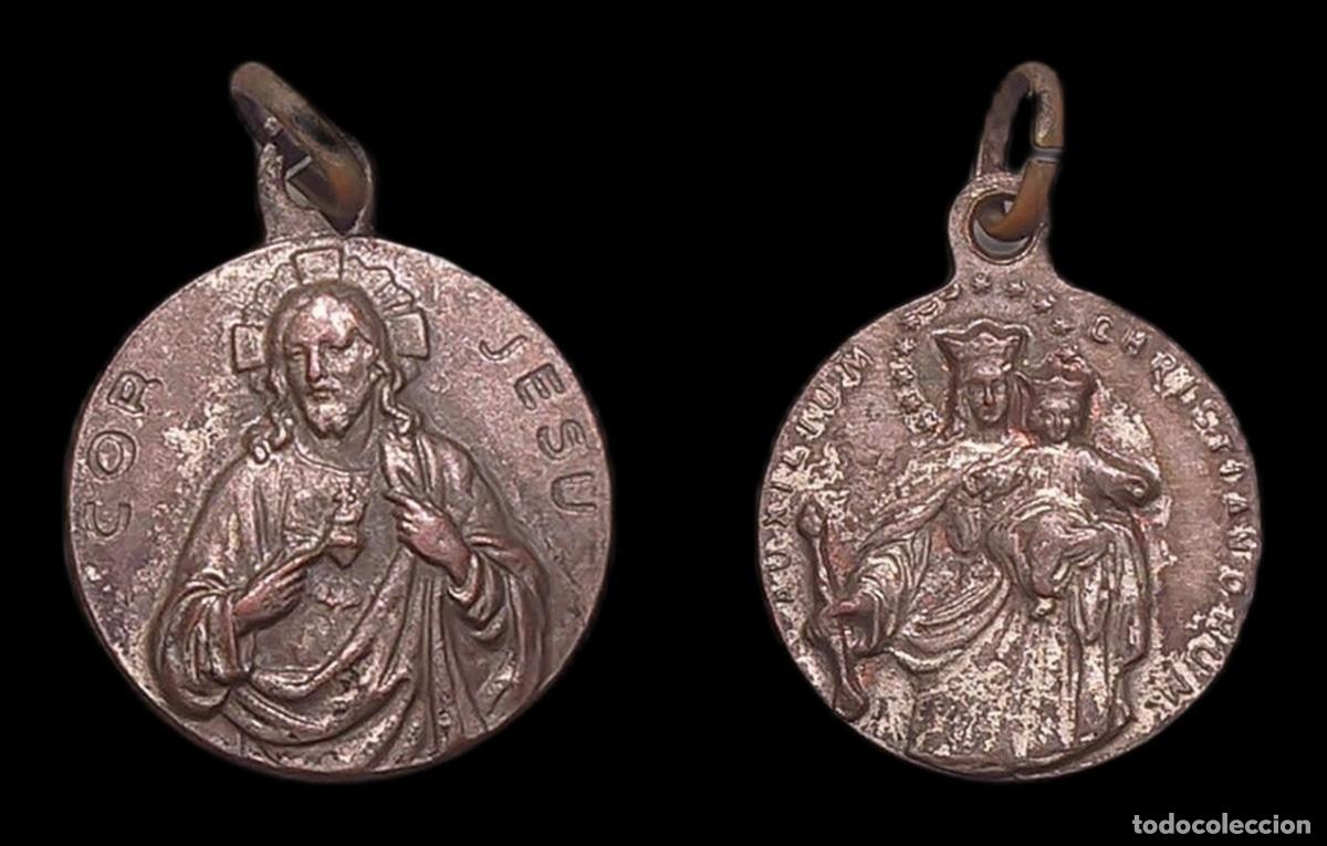 Antiquit&eacute;s: MEDALLA RELIGIOSA MARIA AUXILIADORA SAGRADO CORAZON DE JESUS METAL PLATEADO