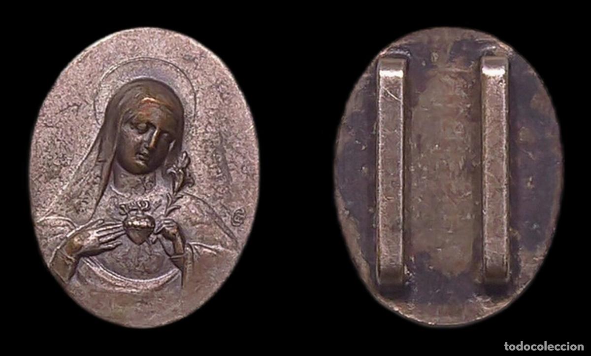 Antig&uuml;edades: MEDALLA RELIGIOSA HEBILLA COLGANTE SAGRADO CORAZON DE MARIA METAL PLATEADO