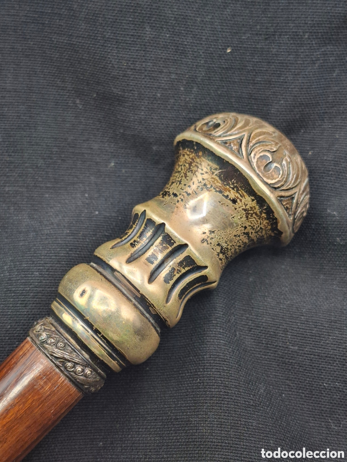Antig&uuml;edades: Antiguo Baston madera empu&ntilde;adura plata cincelada 925