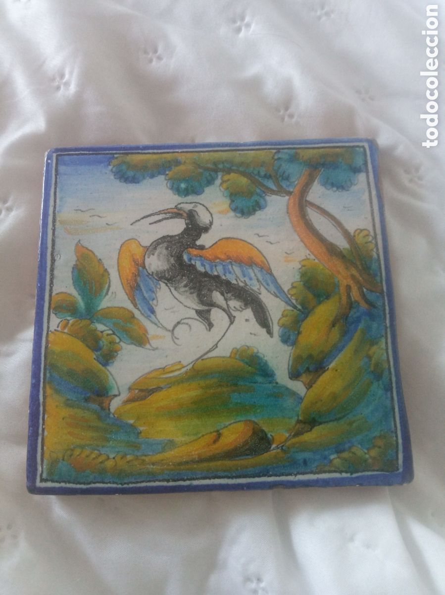 Antig&uuml;edades: Antiguo azulejo de cer&aacute;mica de Talavera, mide 14,6x14,6cm,