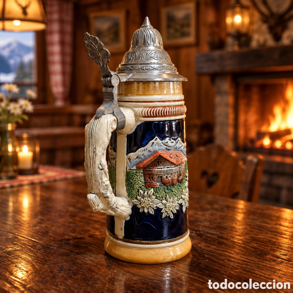 Antig&uuml;edades: Jarra de cerveza alemana vintage de cer&aacute;mica con relieve, tapa met&aacute;lica de esta&ntilde;o y detalles pintado
