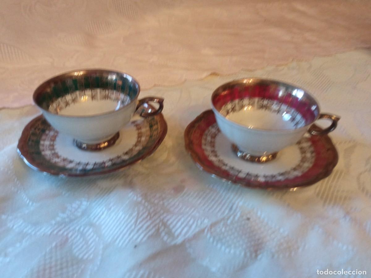 Antig&uuml;edades: Precioso tu y yo de caf&eacute; de porcelana Bareuther Waldsassen Bavaria, granate verde y oro.
