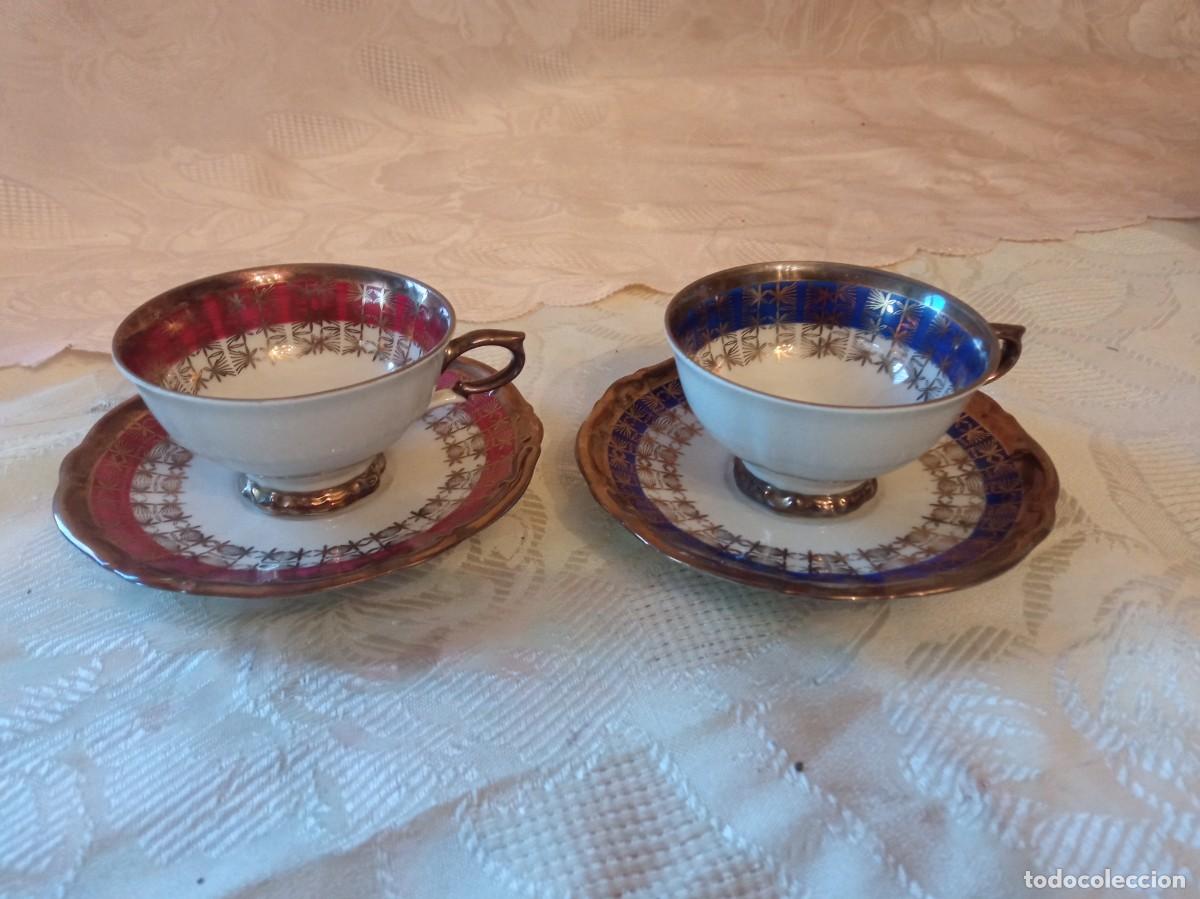 Antig&uuml;edades: Precioso tu y yo de caf&eacute; de porcelana Bareuther Waldsassen Bavaria, granate azul y oro.