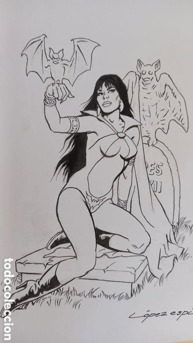 C&oacute;mics: DIBUJO ENTINTADO Y RETOCADO A MANO ORIGINAL FIRMADO L&Oacute;PEZ ESP&Iacute; VAMPIRELLA