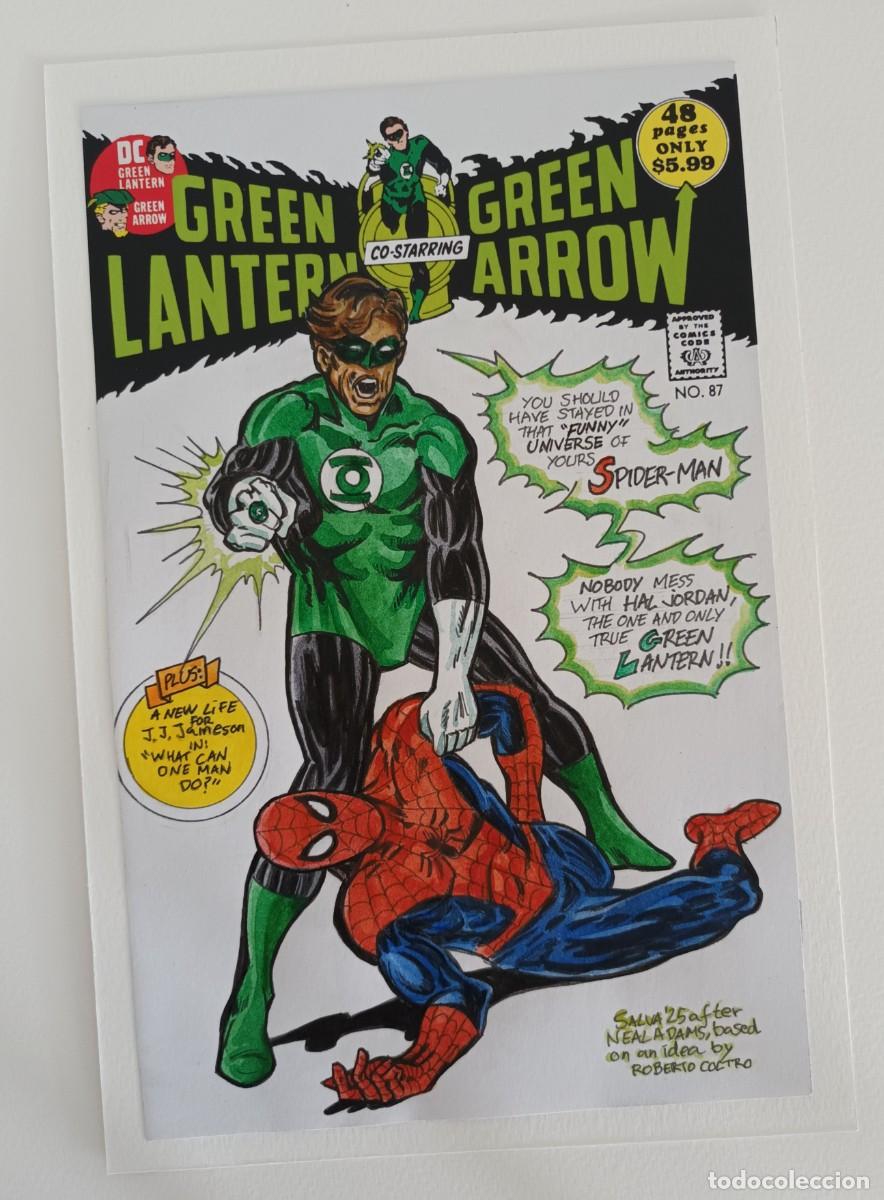 C&oacute;mics: Green Lantern-Spiderman. Dibujo original sobre papel con el t&iacute;tulo preimpreso por DC